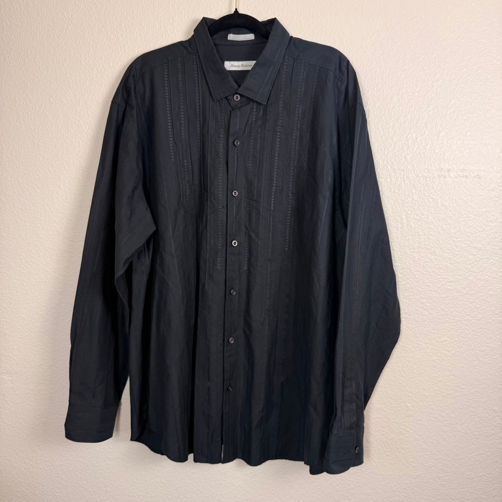 Tommy Bahama Button Up Shirt Mens XXL Black Summer Cotton Silk Guayabera Long